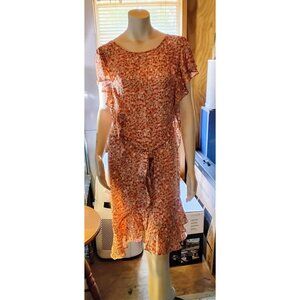 Max Studio Womens Floral Ruffle Midi Dress 2X Pink & Orange Lightweight